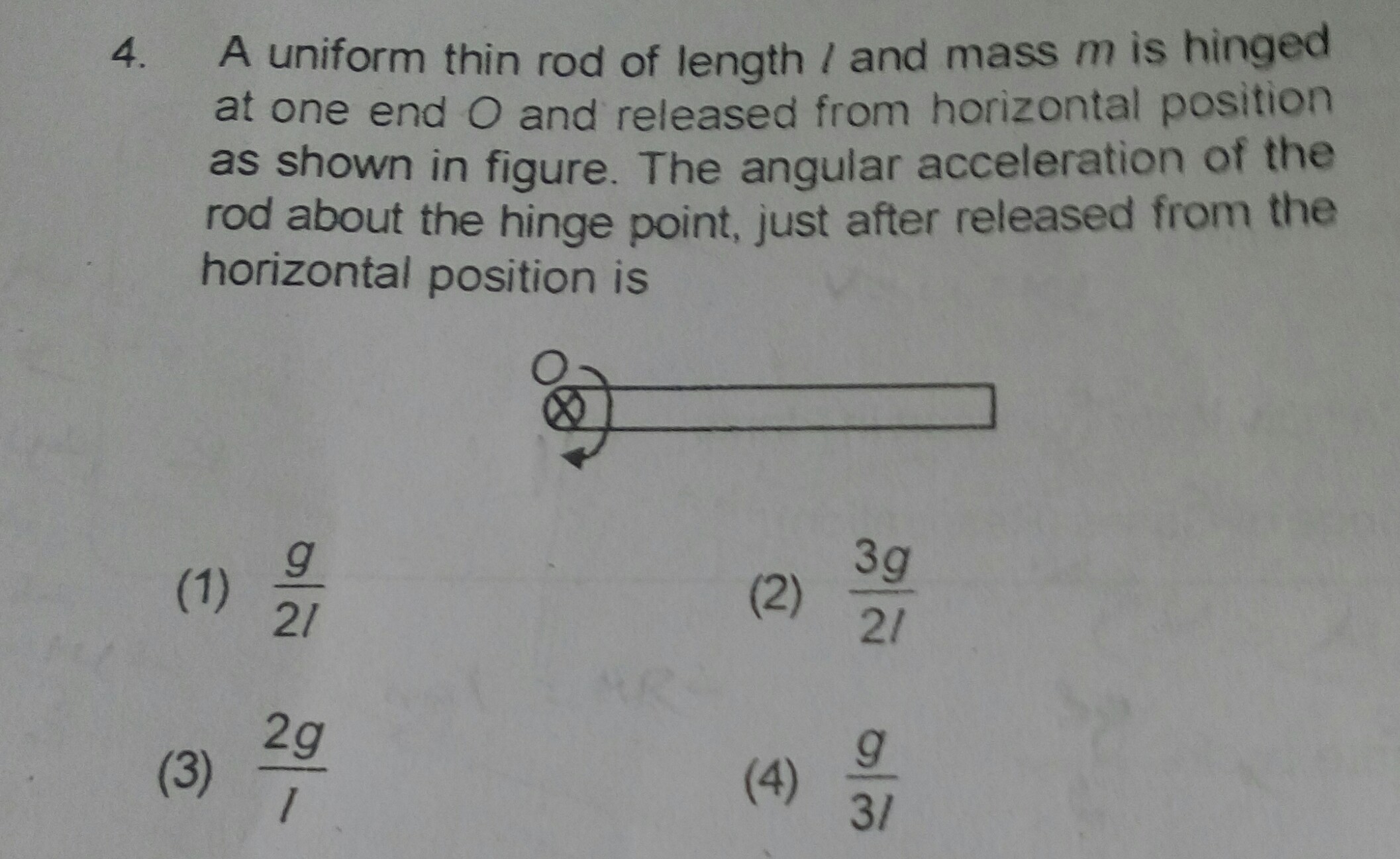 Question image for A uniform thin rod of length l and mass m is hinge